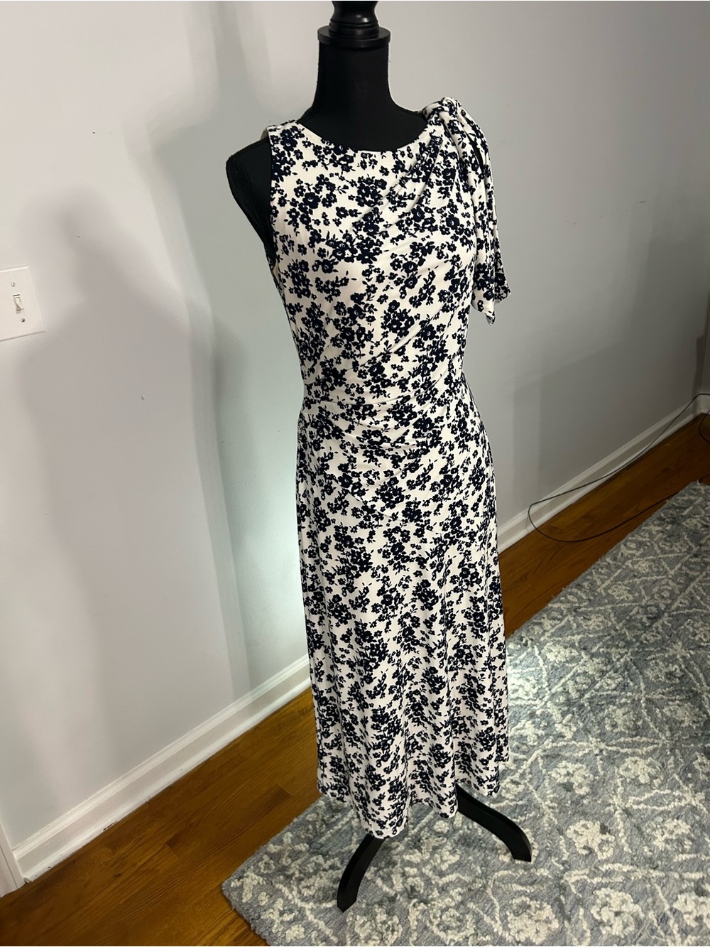 Ralph Lauren White Midi Dress with Black Floral Print and Shoulder Tie